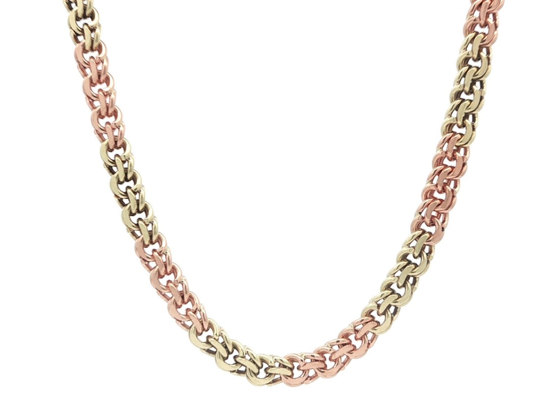 16.5 Inch Double Curb Link Choker in Green and Rose Gold Vintage Retro: 16.5 Inch Double Curb Link Choker in Green and Rose Gold Vintage Retro This vintage retro choker necklace features a double curb chino link design crafted from 13-14K solid green and rose gold. The ne