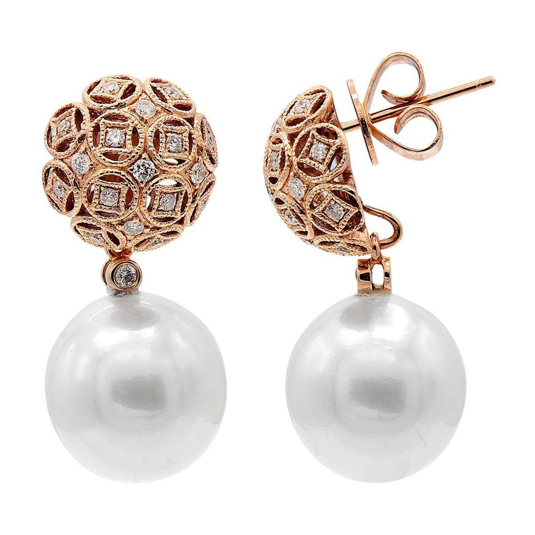 Harbor Diamonds 18K Rose Gold South Sea Pearl Drop Earrings 0.30ct Diamonds: Harbor Diamonds 18K Rose Gold South Sea Pearl Drop Earrings 0.30ct Diamonds Elevate your elegance with these stunning drop earrings crafted in 18K rose gold. Featuring two exquisite South Sea pearls,