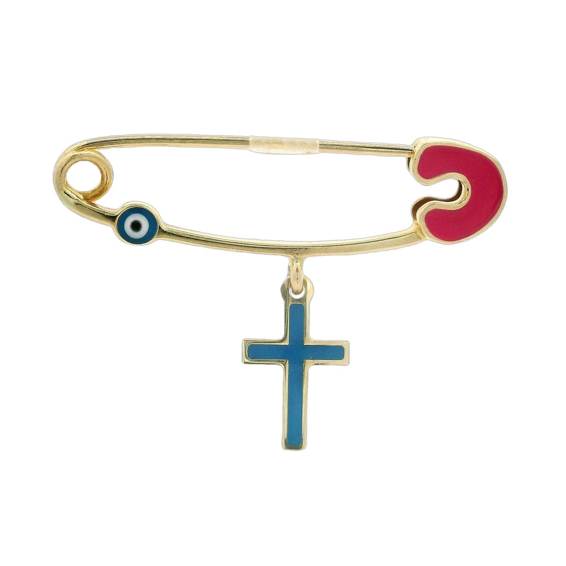 14k Yellow Gold Pink Enamel Evil Eye Dangle Cross Charm: 14k Yellow Gold Pink Enamel Evil Eye Dangle Cross Charm This exquisite charm holder features a striking combination of solid 14k yellow gold and vibrant pink enamel, designed in the shape of an evil e