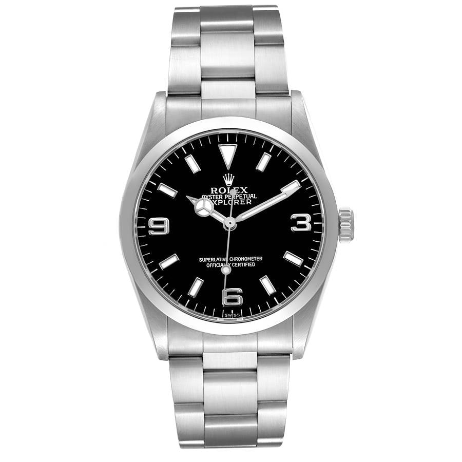 Explorer I Oyster Bracelet Watch Ref 14270 with Black Dial: Explorer I Oyster Bracelet Watch Ref 14270 with Black Dial This Rolex Explorer I features a black dial and a smooth bezel, paired with a classic Oyster bracelet. The watch is designed for men and belo