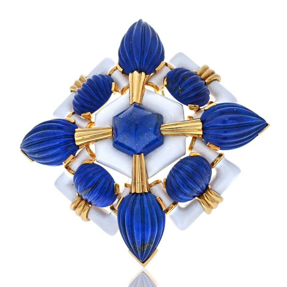 David Webb Heraldic Brooch Platinum 18K Gold Lapis Lazuli Enamel: David Webb Heraldic Brooch Platinum 18K Gold Lapis Lazuli Enamel This exquisite David Webb brooch is crafted in a stunning combination of platinum and 18K yellow gold, weighing 91.9 grams. The large,
