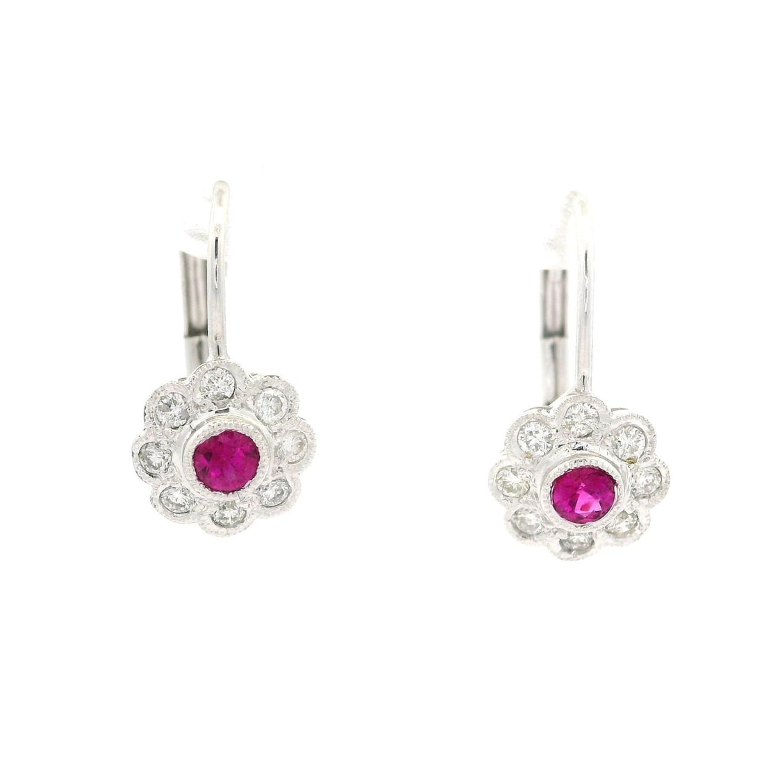 Petite Flower Drop Earrings in Solid White Gold with Ruby and Diamonds: Petite Flower Drop Earrings in Solid White Gold with Ruby and Diamonds Discover elegance with these Solid White Gold Milgrain Bezel Set Ruby & Diamonds Petite Flower Drop Earrings. Perfect for adding