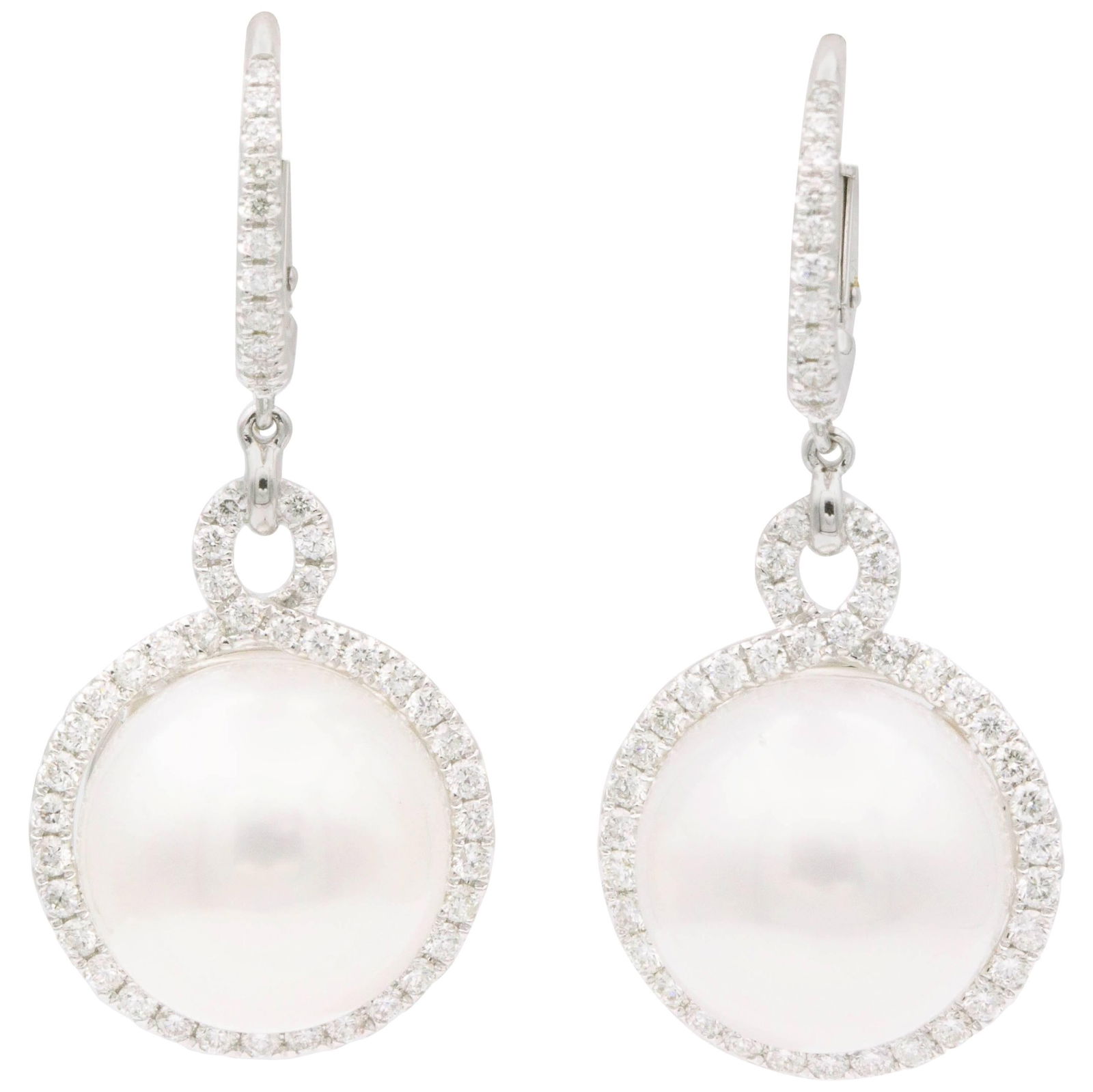 Harbor Diamonds 18K White Gold South Sea Pearl Diamond Dangle Earrings: Harbor Diamonds 18K White Gold South Sea Pearl Diamond Dangle Earrings Elevate your elegance with these stunning South Sea Pearl and Diamond Dangle Earrings. Crafted from luxurious 18k white gold, the