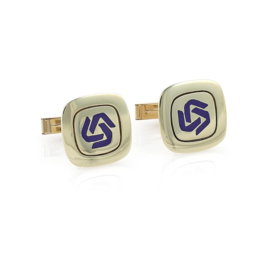 Tiffany & Co. Vintage 14k Yellow Gold Cufflinks Blue Enamel Cushion Design: Tiffany & Co. Vintage 14k Yellow Gold Cufflinks Blue Enamel Cushion Design Discover a stunning pair of vintage cufflinks from Tiffany & Co., expertly crafted from 14k yellow gold. These cufflinks feat