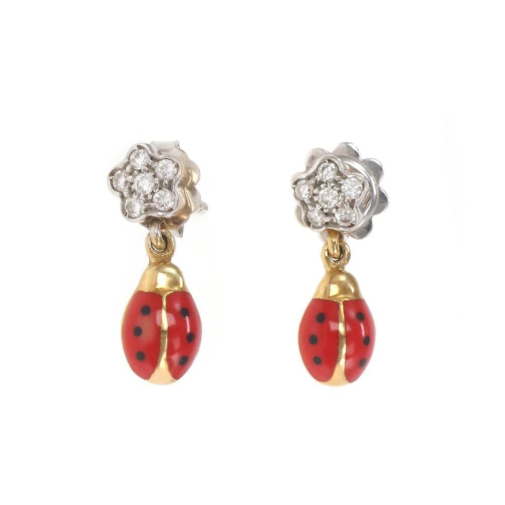 Aaron Basha 18k Gold Ladybug Flower Dangle Earrings with Diamonds: Aaron Basha 18k Gold Ladybug Flower Dangle Earrings with Diamonds These charming dangle earrings are a delightful creation from Aaron Basha, showcasing exquisite craftsmanship in 18k yellow and white