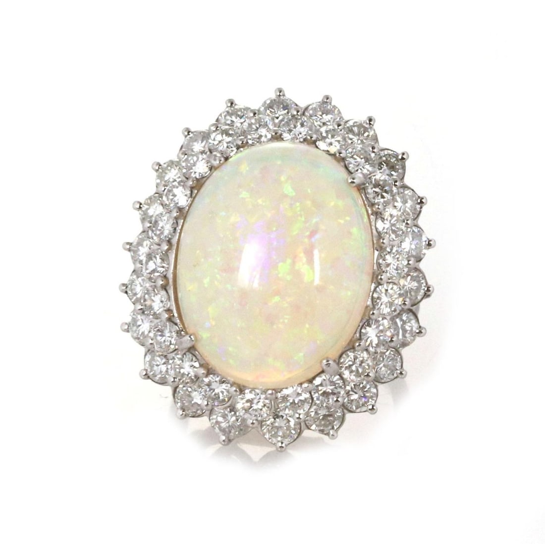 Platinum Fire Opal Diamond Oval Ring 2.75ct to 3ct: Platinum Fire Opal Diamond Oval Ring 2.75ct to 3ct This exquisite Platinum Fire Opal Diamond Oval Cocktail Ring showcases a striking large oval fire opal gemstone at its center, elegantly framed by do