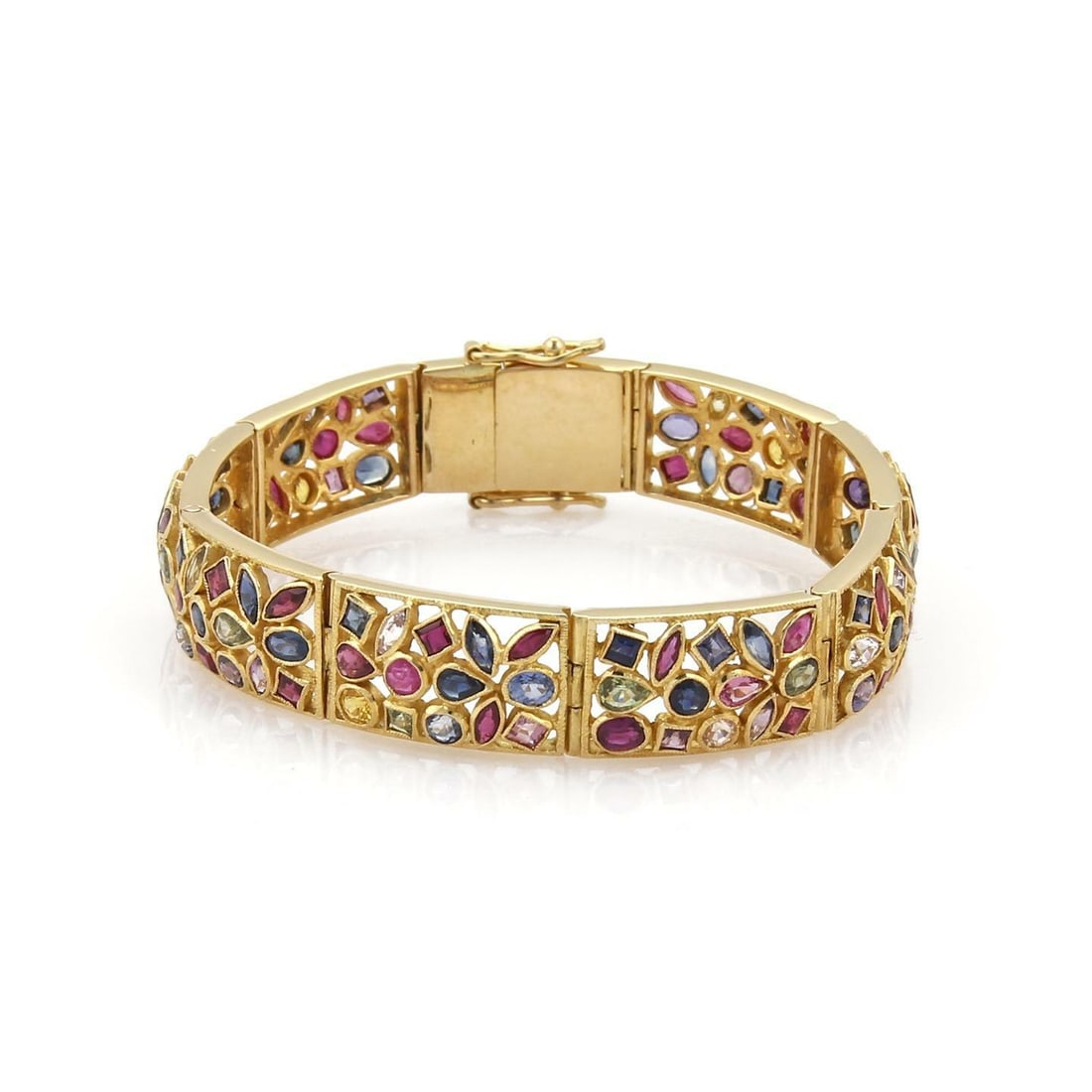 Estate 22k Gold Bracelet with Multicolor Sapphires and Ruby 18ct: Estate 22k Gold Bracelet with Multicolor Sapphires and Ruby 18ct This exquisite Estate bracelet is a vibrant showcase of multicolor sapphires and rubies, beautifully set in luxurious 22k yellow gold.