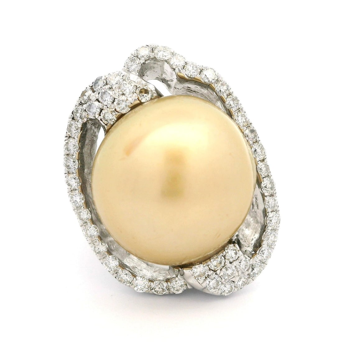 Golden South Sea Pearl 16mm & 0.85ct Diamond White Gold Cocktail Ring: Golden South Sea Pearl 16mm & 0.85ct Diamond White Gold Cocktail Ring This stunning cocktail ring features a large 16mm genuine cultured Golden South Sea pearl, renowned for its exquisite golden hue a