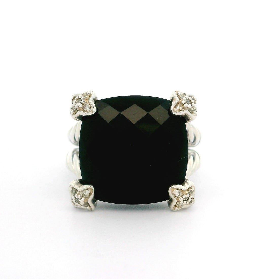 David Yurman 15mm Black Onyx Diamond Sterling Silver Cocktail Ring: David Yurman 15mm Black Onyx Diamond Sterling Silver Cocktail Ring This exquisite David Yurman cocktail ring showcases a stunning 15mm cushion-shaped black onyx at its center, elegantly surrounded by
