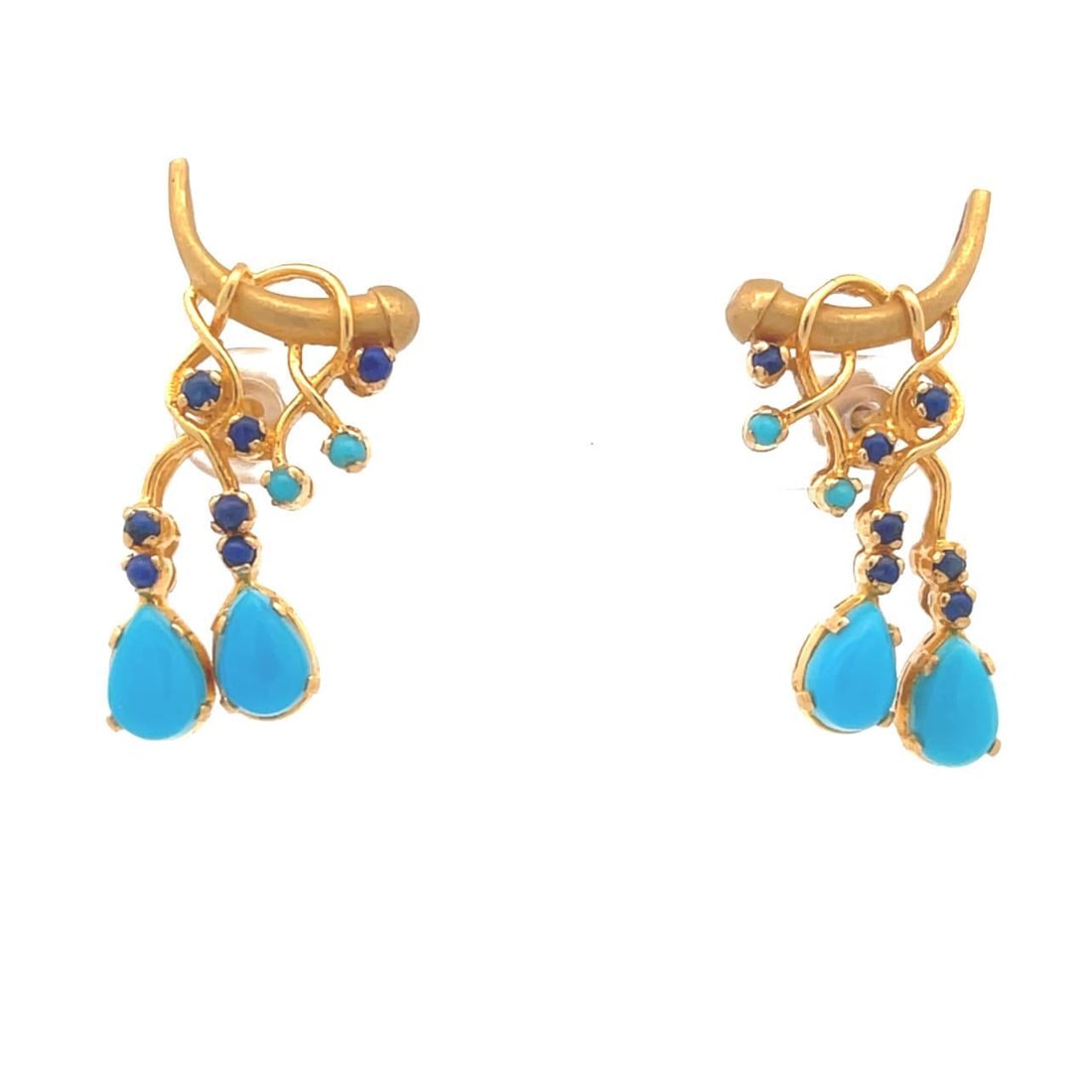 22k Yellow Gold Floral Long Earrings with Turquoise and Lapis: 22k Yellow Gold Floral Long Earrings with Turquoise and Lapis Elevate your style with these exquisite long earrings, expertly crafted from 22k yellow gold. The design features a horn-shaped branch ado