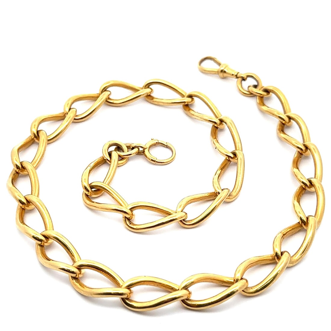 Antique 9ct Yellow Gold 20 Inch Oval Chain Necklace with Spring Ring and Dog Clip: Antique 9ct Yellow Gold 20 Inch Oval Chain Necklace with Spring Ring and Dog Clip This exquisite Antique English necklace features a solid 9ct yellow gold construction, showcasing a stylish open oval