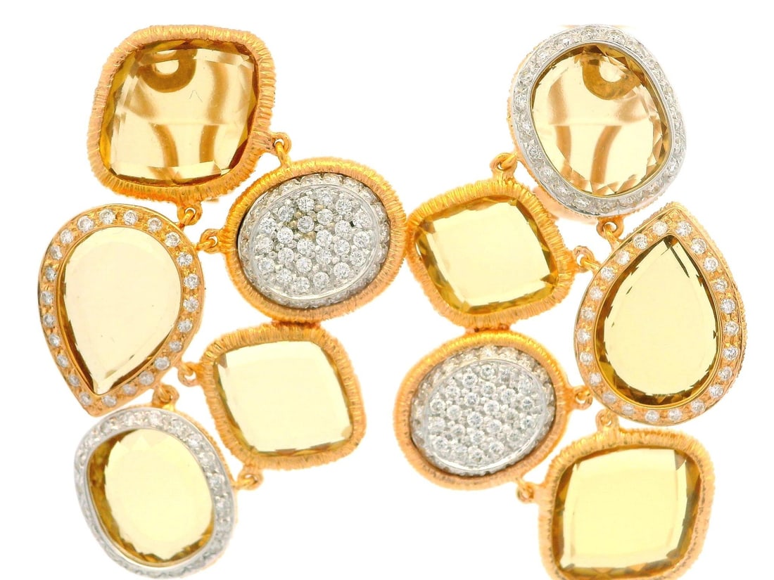 18k Two Tone Gold Citrine Diamond Dangle Earrings: 18k Two Tone Gold Citrine Diamond Dangle Earrings Elevate your style with these exquisite 18k Two Tone Gold Portrait Citrine & Diamond Textured Flexible Dangle Earrings. Featuring a stunning design, t