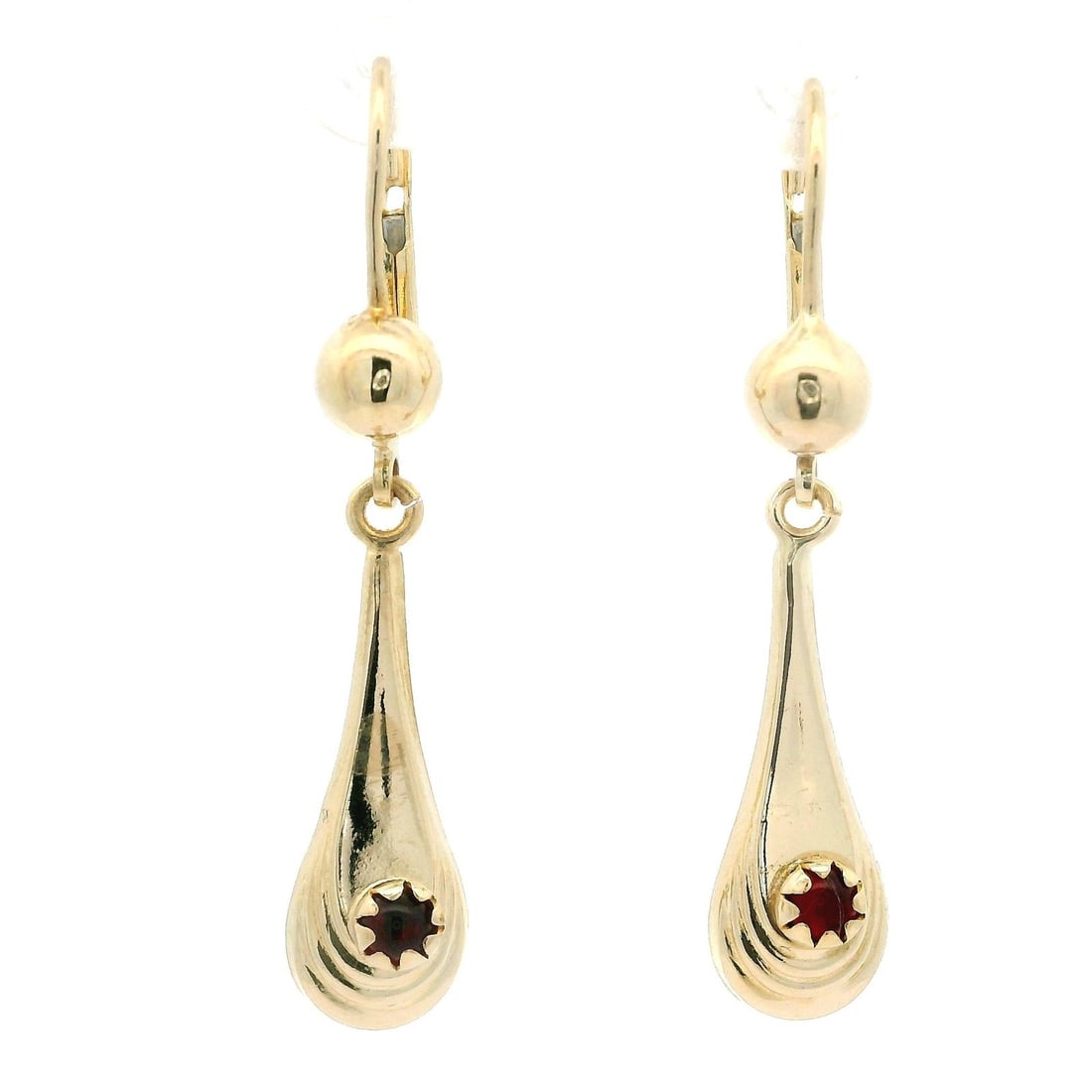 14k Yellow Gold Dangle Earrings with Natural Cabochon Garnet: 14k Yellow Gold Dangle Earrings with Natural Cabochon Garnet Elevate your style with these stunning 14k Yellow Gold Cabochon Garnet Concentric Tear Drop Puffed Dangle Drop Earrings. Featuring two natu