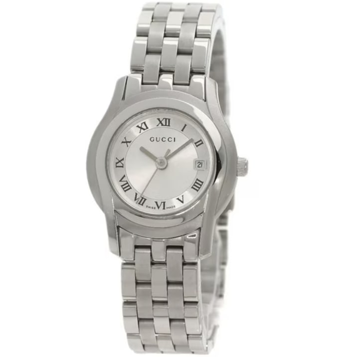 Ladies Silver Roman Dial Watch Gucci 5500L with Five Row Link Bracelet: Ladies Silver Roman Dial Watch Gucci 5500L with Five Row Link Bracelet This ladies Gucci watch features a silver Roman numeral dial and a 5-row link bracelet. Identified as reference number 5500L, it