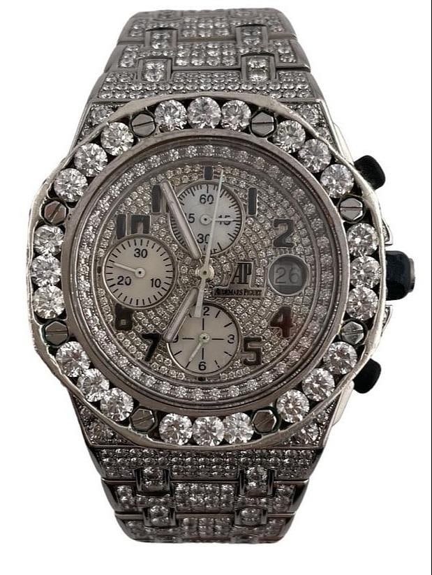 Audemars Piguet Royal Oak Offshore 26170ST Diamond Bezel Arabic Iced Dial Watch: Audemars Piguet Royal Oak Offshore 26170ST Diamond Bezel Arabic Iced Dial Watch This Audemars Piguet Royal Oak Offshore watch features an iced out Arabic dial, a diamond-set bezel, and an original bra