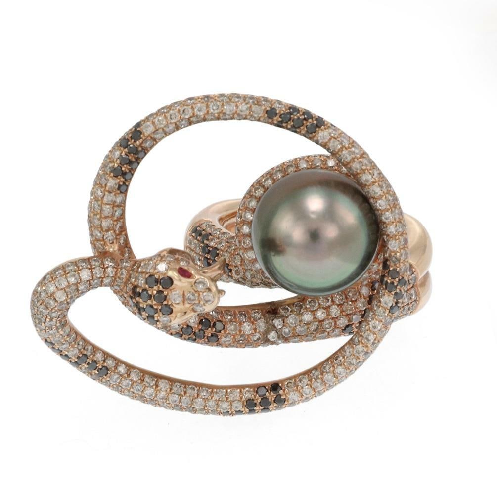 Stunning 5ct Diamond Coiled Snake Ring in 18k Rose Gold with Tahitian Pearl: Stunning 5ct Diamond Coiled Snake Ring in 18k Rose Gold with Tahitian Pearl Make a bold statement with this stunning coiled snake ring, crafted from luxurious 18k rose gold. The ring features a double