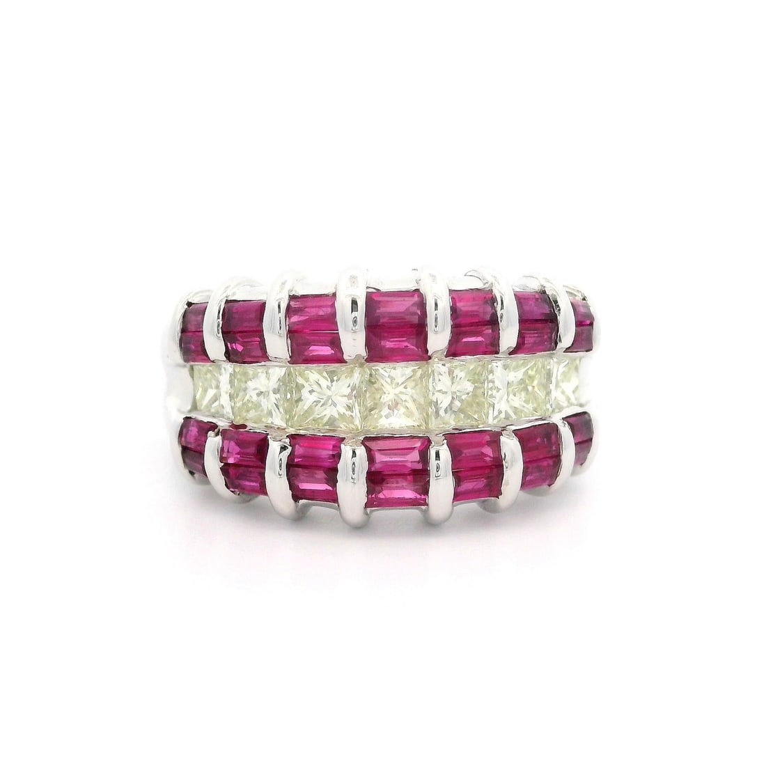 Platinum 2.34ctw Ruby Yellow Diamond Wide Band Ring: Platinum 2.34ctw Ruby Yellow Diamond Wide Band Ring This unique wide band ring features a stunning combination of natural genuine rubies and diamonds. The ring is expertly crafted in solid platinum, t