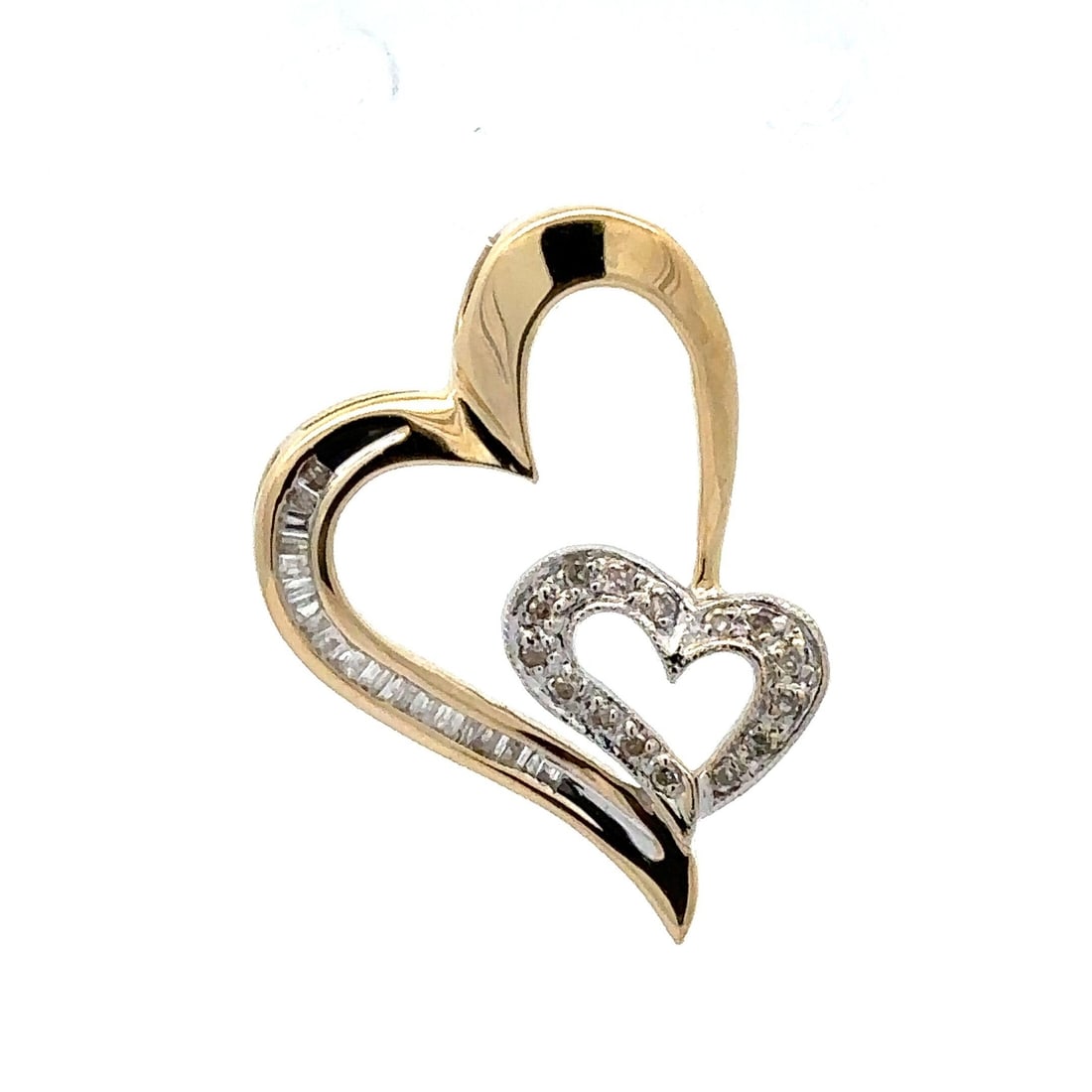14k Gold Dual Heart Slide Pendant with 0.30ctw Diamonds: 14k Gold Dual Heart Slide Pendant with 0.30ctw Diamonds This exquisite dual heart slide pendant is crafted from solid 14k yellow and white gold, showcasing a stunning arrangement of 36 natural genuine