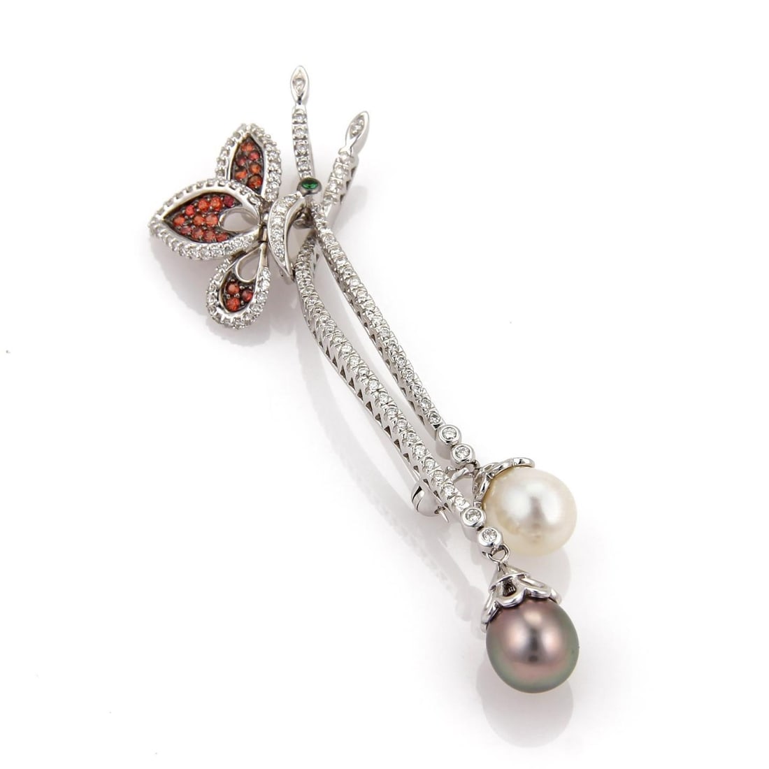 18k White Gold Floral Diamond Tsavorite Pearl Pin Pendant 1.50ct: 18k White Gold Floral Diamond Tsavorite Pearl Pin Pendant 1.50ct This exquisite floral pin pendant combines elegance and versatility, crafted from luxurious 18k white gold with a polished finish. It f