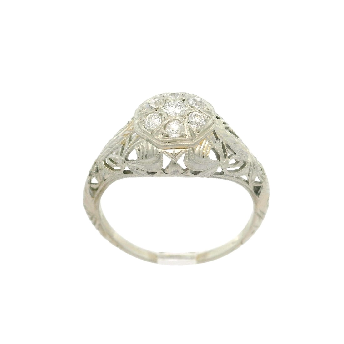 Antique Art Deco 0.18ctw Diamond Filigree White Gold Ring - 7