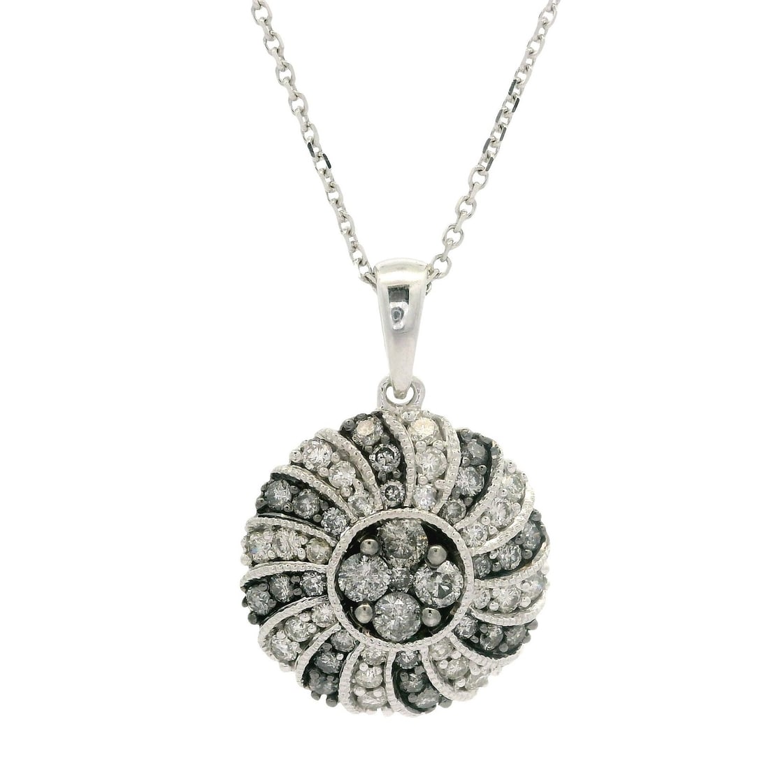 14k White Gold Spiral Pendant Necklace with 0.75ctw Salt & Pepper Diamonds: 14k White Gold Spiral Pendant Necklace with 0.75ctw Salt & Pepper Diamonds This exquisite pendant necklace features a stunning spiral design adorned with 53 natural genuine salt and pepper diamonds, a
