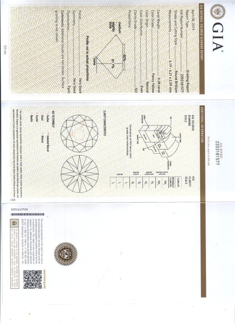 Loose Diamond - ROUND 0.28ct Fancy Yellow SI2: Loose Diamond - ROUND 0.28ct Fancy Yellow SI2 Source: Natural Shape: ROUND Carats: 0.28 Color: Fancy Yellow Certification: GIA The Diamond Depot Guarantee: All items in this auction are guaranteed to
