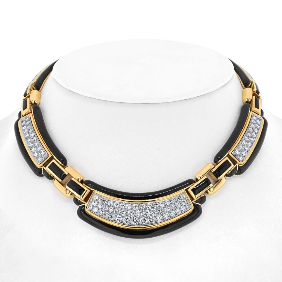 David Webb Platinum 18K Yellow Gold Diamond Collar Necklace 9.00ct: David Webb Platinum 18K Yellow Gold Diamond Collar Necklace 9.00ct Prepare to be enchanted by the mesmerizing beauty of this David Webb Platinum & 18K Yellow Gold Black Enamel Diamond Collar Necklace.