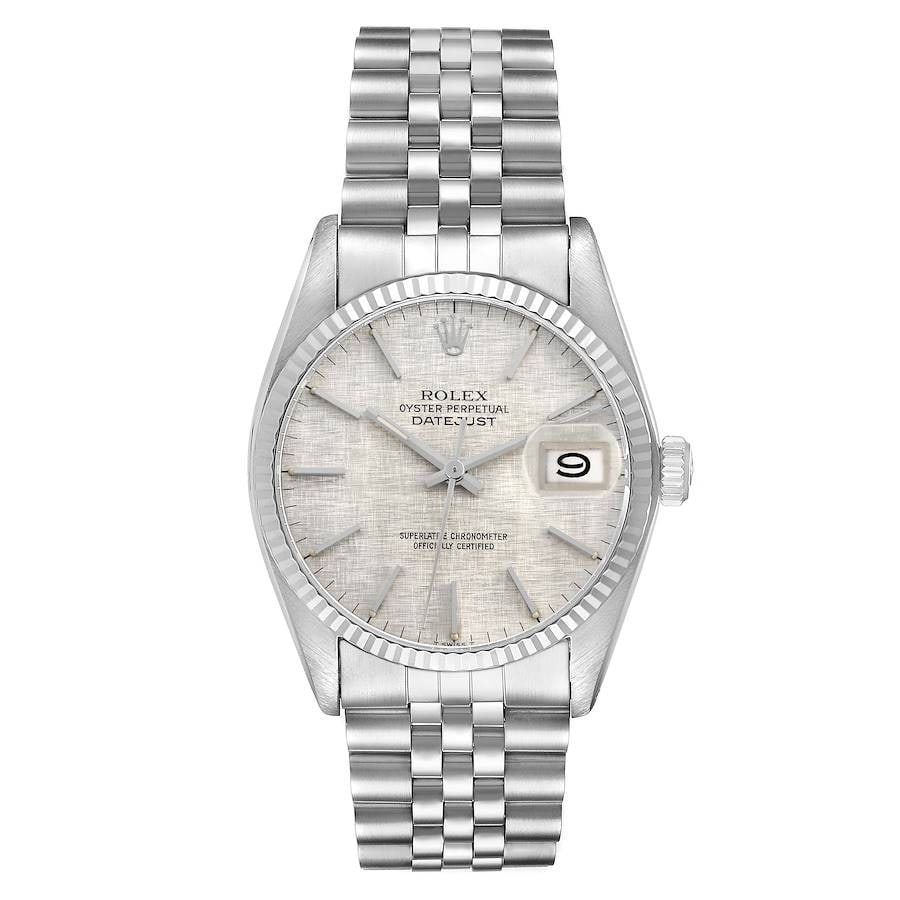 Datejust Ref 16014 Men's Watch Silver Linen Dial Jubilee Bracelet: Datejust Ref 16014 Men's Watch Silver Linen Dial Jubilee Bracelet This Rolex Datejust features a silver linen dial, a fluted bezel, and a D-Link Jubilee bracelet. The watch is designed for men and is