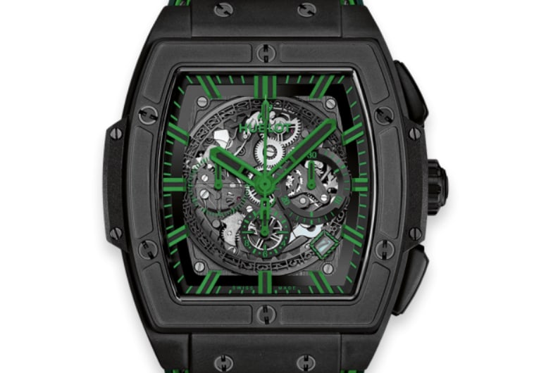 Hublot Spirit of Big Bang B/P 601.CG.0190.LR Black Dial Green Markers 2020 Card: Hublot Spirit of Big Bang B/P 601.CG.0190.LR Black Dial Green Markers 2020 Card This Hublot Spirit of Big Bang B/P watch features a black dial with green markers, complemented by a ceramic bezel. The