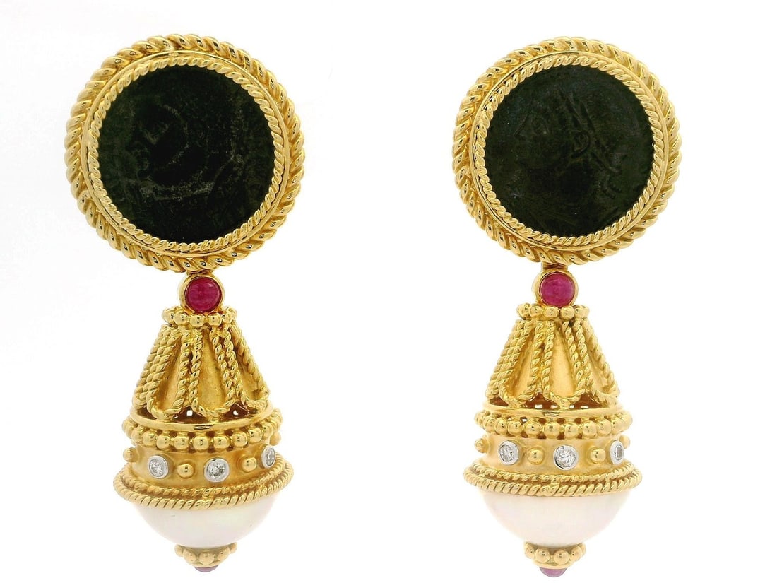 Vintage 18k Gold Dangle Earrings with Mabe Pearl Ruby Coin: Vintage 18k Gold Dangle Earrings with Mabe Pearl Ruby Coin Enhance your jewelry collection with these exquisite Vintage 18k Gold Mabe Pearl Diamond Ruby & Coin Day Night Dangle Drop Earrings. Crafted