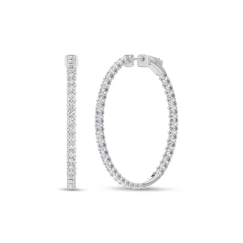 14K White Gold Lab Grown Round Diamond 3 Ct.Tw. In and Out Hoop Earrings: 14K White Gold Lab Grown Round Diamond 3 Ct.Tw. In and Out Hoop Earrings 14K white gold hoops featuring 3 Ct.Tw. lab-grown round diamonds, in and out style. 14k White Gold Stone Color: D-f Stone Clari