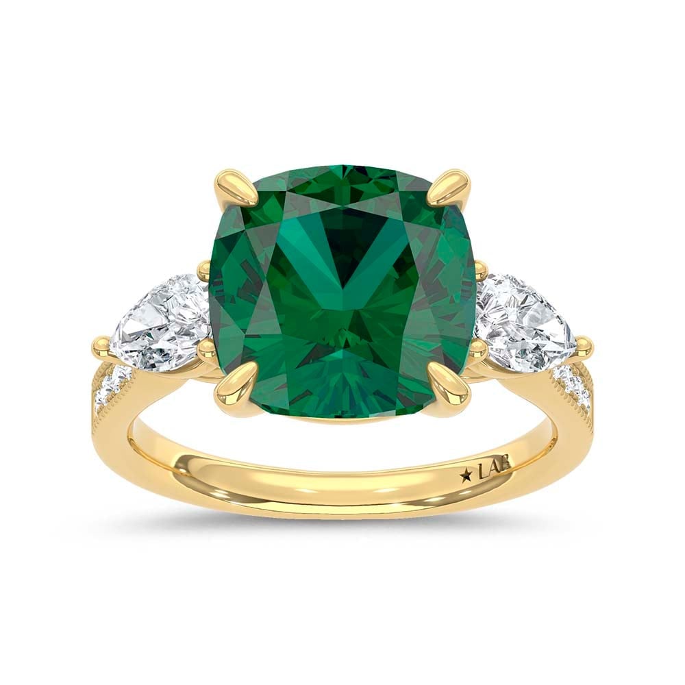 14K Yellow Gold Lab Grown Diamond 4 5/8 Ct.Tw. Cushion Shape Recrystalized Emerald Engagement Ring: 14K Yellow Gold Lab Grown Diamond 4 5/8 Ct.Tw. Cushion Shape Recrystalized Emerald Engagement Ring (Center 3 7/8 ct) Celebrate refined elegance with this 14K yellow gold engagement ring, featuring a s