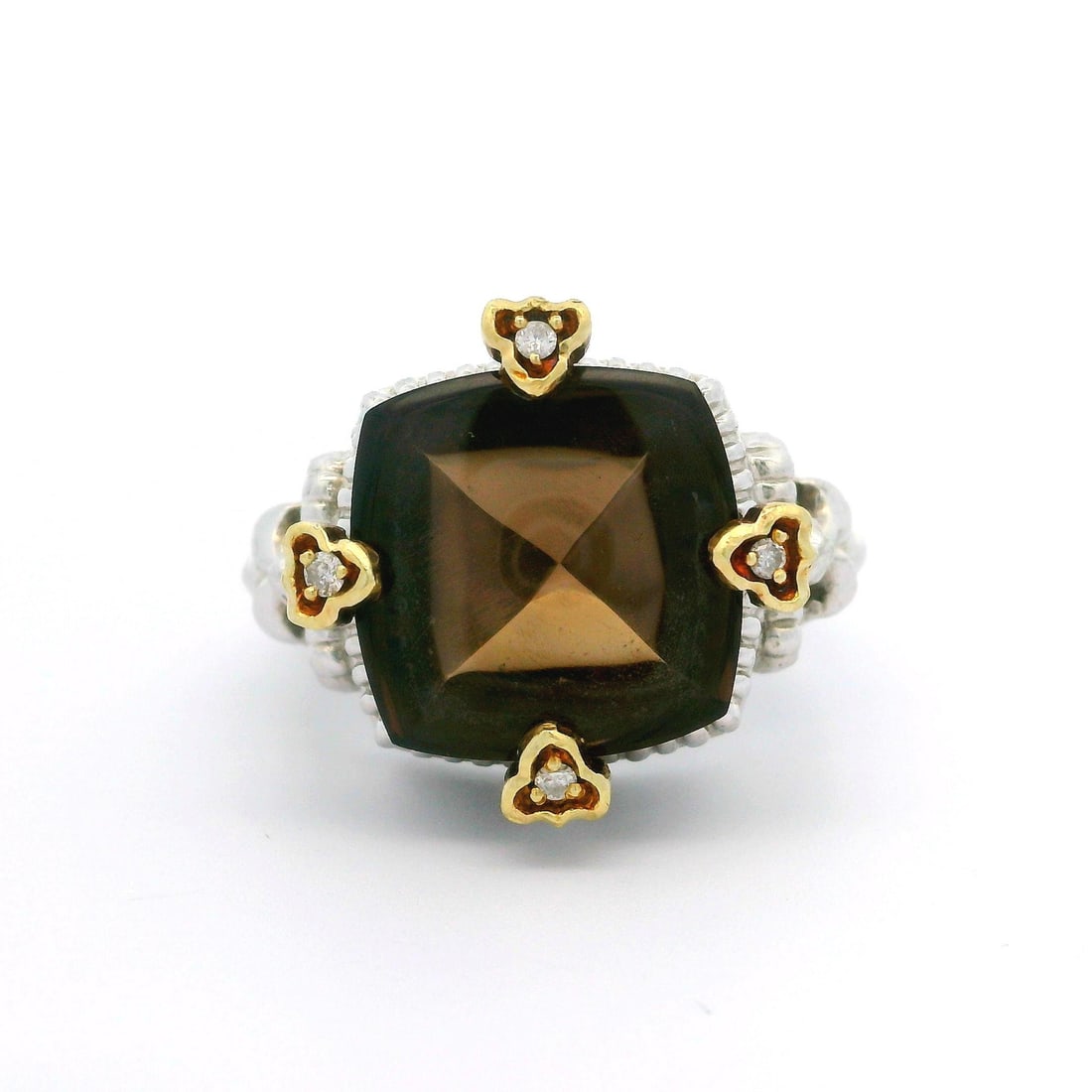 Fleur De Lis Cocktail Ring Smoky Quartz Diamond 18k Gold Silver: Fleur De Lis Cocktail Ring Smoky Quartz Diamond 18k Gold Silver This exquisite cocktail ring showcases a stunning natural smoky quartz stone, elegantly set in a blend of sterling silver and 18k yellow