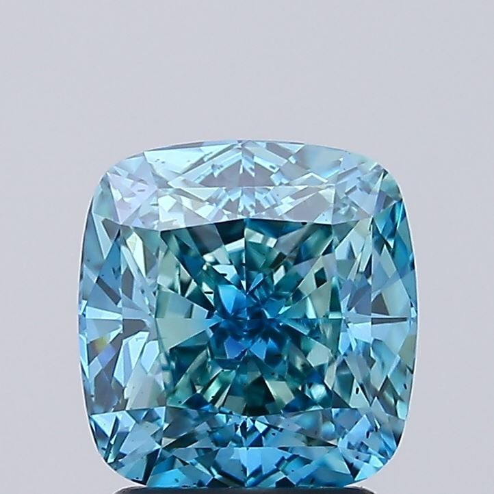 Loose Diamond - CUSHION MODIFIED 2.51ct Fancy Vivid Green Blue SI1: Loose Diamond - CUSHION MODIFIED 2.51ct Fancy Vivid Green Blue SI1 Source: This is a real non-mined Diamond that has been grown in a lab Shape: CUSHION MODIFIED Carats: 2.51 Color: Fancy Vivid Green B