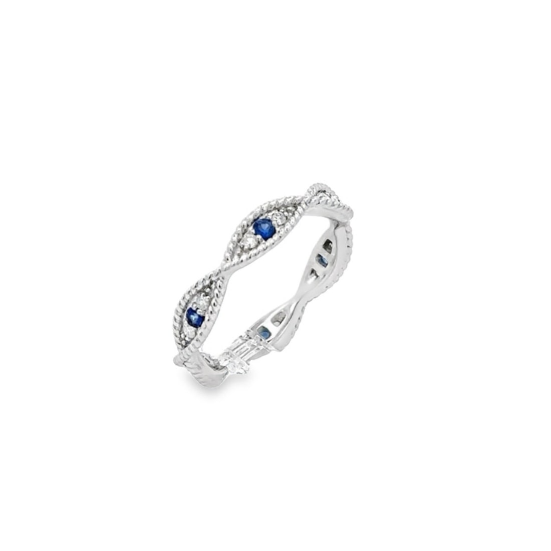 10K White Gold Sapphire Diamond Twisted Rope Evil Eye Eternity Band Ring: 10K White Gold Sapphire Diamond Twisted Rope Evil Eye Eternity Band Ring This exquisite 10K White Gold Sapphire and Diamond Twisted Rope Evil Eye Eternity Band Ring is a stunning blend of elegance and