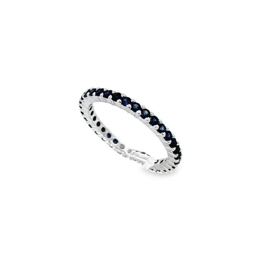 10K White Gold 1.25ctw Blue Sapphire Infinity Stackable Band Ring: 10K White Gold 1.25ctw Blue Sapphire Infinity Stackable Band Ring Elevate your style with this stunning 10K White Gold Sapphire Infinity Eternity Stackable Band Ring, showcasing a total carat weight o