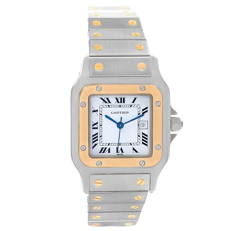 Santos Galbee Reference 1172961 Watch with White Roman Dial 29mm: Santos Galbee Reference 1172961 Watch with White Roman Dial 29mm This Cartier Santos Galbee watch features a white Roman numeral dial and a 29mm case crafted from a combination of yellow gold and stai