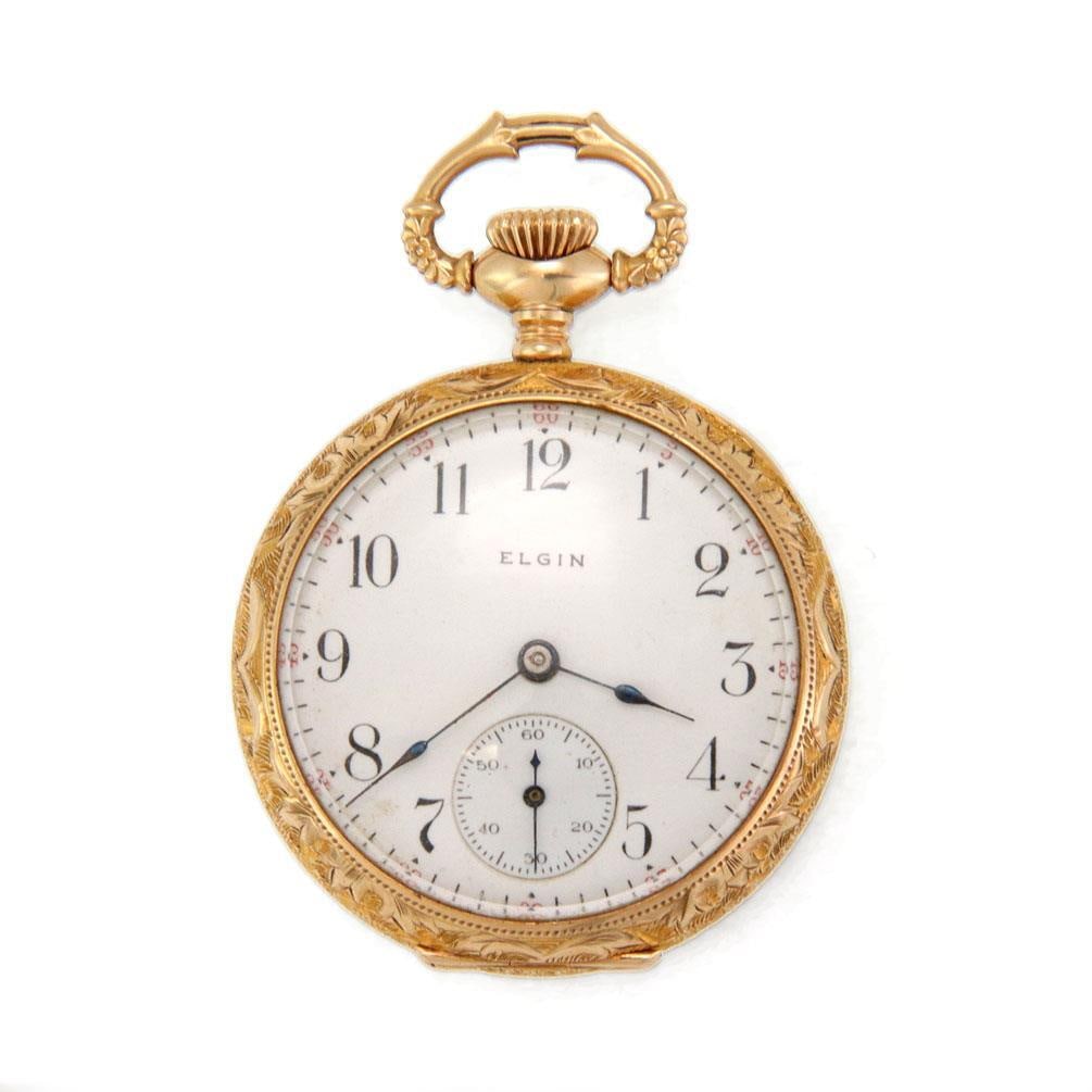 Elgin 14k Yellow Gold Floral Half Hunter Pocket Watch Manual Wind: Elgin 14k Yellow Gold Floral Half Hunter Pocket Watch Manual Wind Discover the elegance of this vintage Elgin half hunter ladies pocket watch, exquisitely crafted from 14k yellow gold. The watch featu
