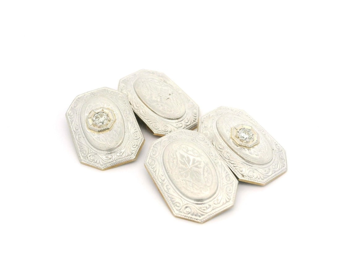 Antique Edwardian Diamond Gold Platinum Cufflinks 0.12ctw Hand Engraved: Antique Edwardian Diamond Gold Platinum Cufflinks 0.12ctw Hand Engraved These exquisite Antique Edwardian cufflinks showcase a stunning guilloche design, crafted from solid 13-14k yellow gold with a l