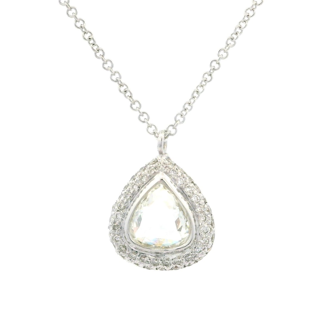 17k White Gold Diamond Slide Pendant Necklace with Pave Halo 0.75ctw: 17k White Gold Diamond Slide Pendant Necklace with Pave Halo 0.75ctw This stunning pendant necklace features a unique slide design crafted in solid 17-18K white gold. At its center, a captivating tria