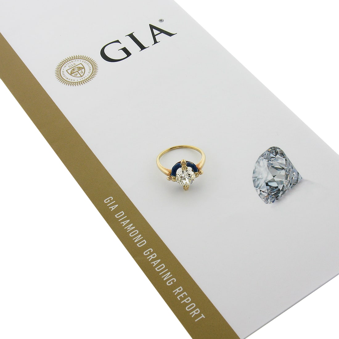 Victorian 14k Gold GIA 1.64ct Diamond Engagement Ring Blue Enamel Halo: Victorian 14k Gold GIA 1.64ct Diamond Engagement Ring Blue Enamel Halo This exquisite Antique Victorian engagement ring showcases a stunning 1.64 carat old cut diamond, certified by GIA, set in solid