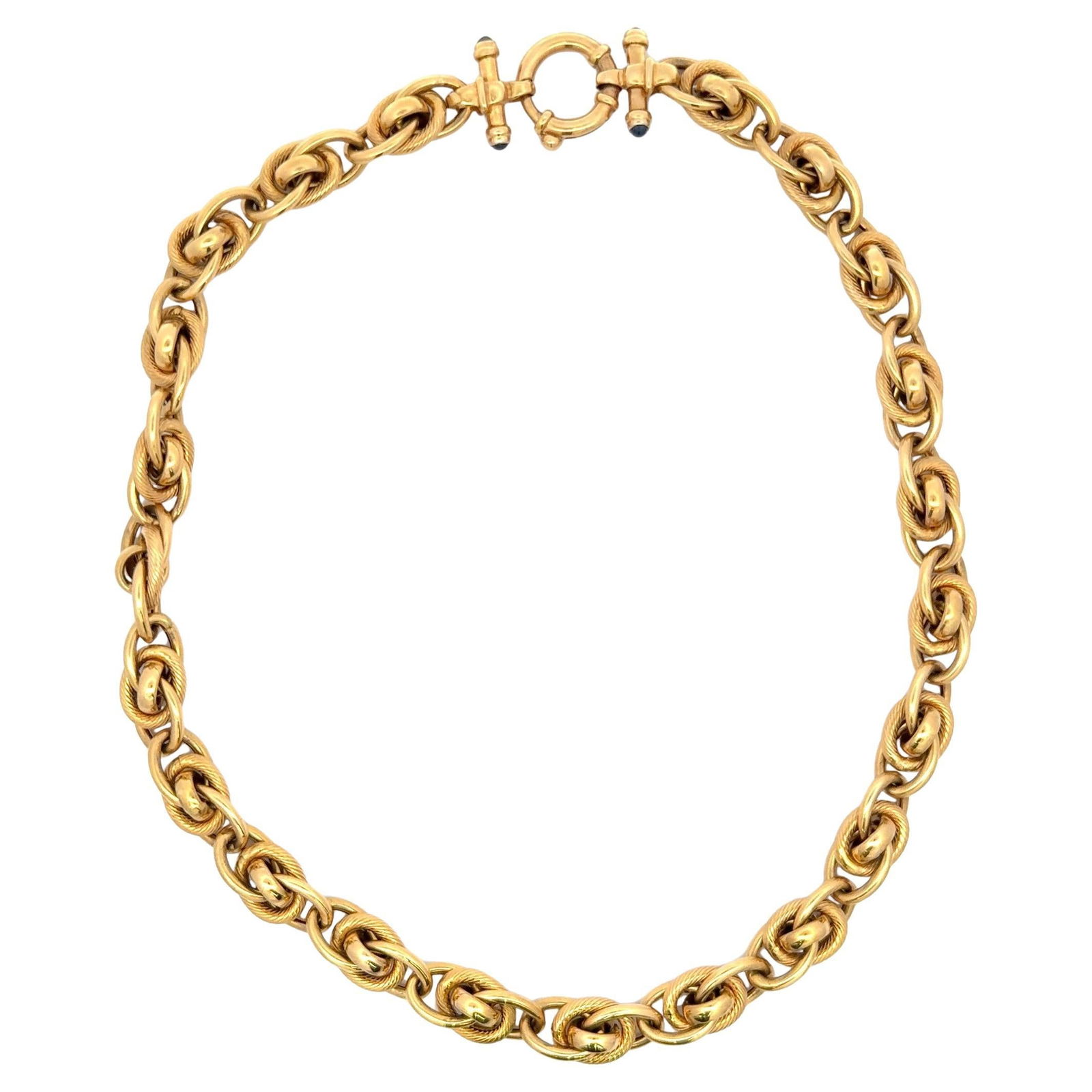 Harbor Diamonds 14K Yellow Gold Interlocking Link Necklace with Sapphires 17 in Italy: Harbor Diamonds 14K Yellow Gold Interlocking Link Necklace with Sapphires 17 in Italy This exquisite necklace showcases a stunning design crafted from 14 karat yellow gold. Weighing 36 grams, it featu