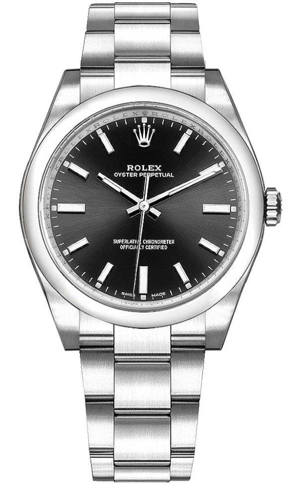 Ladies Rolex Oyster Perpetual 114200 Black Dial Oyster Bracelet 2019 Card: Ladies Rolex Oyster Perpetual 114200 Black Dial Oyster Bracelet 2019 Card This Rolex Oyster Perpetual features a black dial and smooth bezel, complemented by an Oyster bracelet. The watch is designed