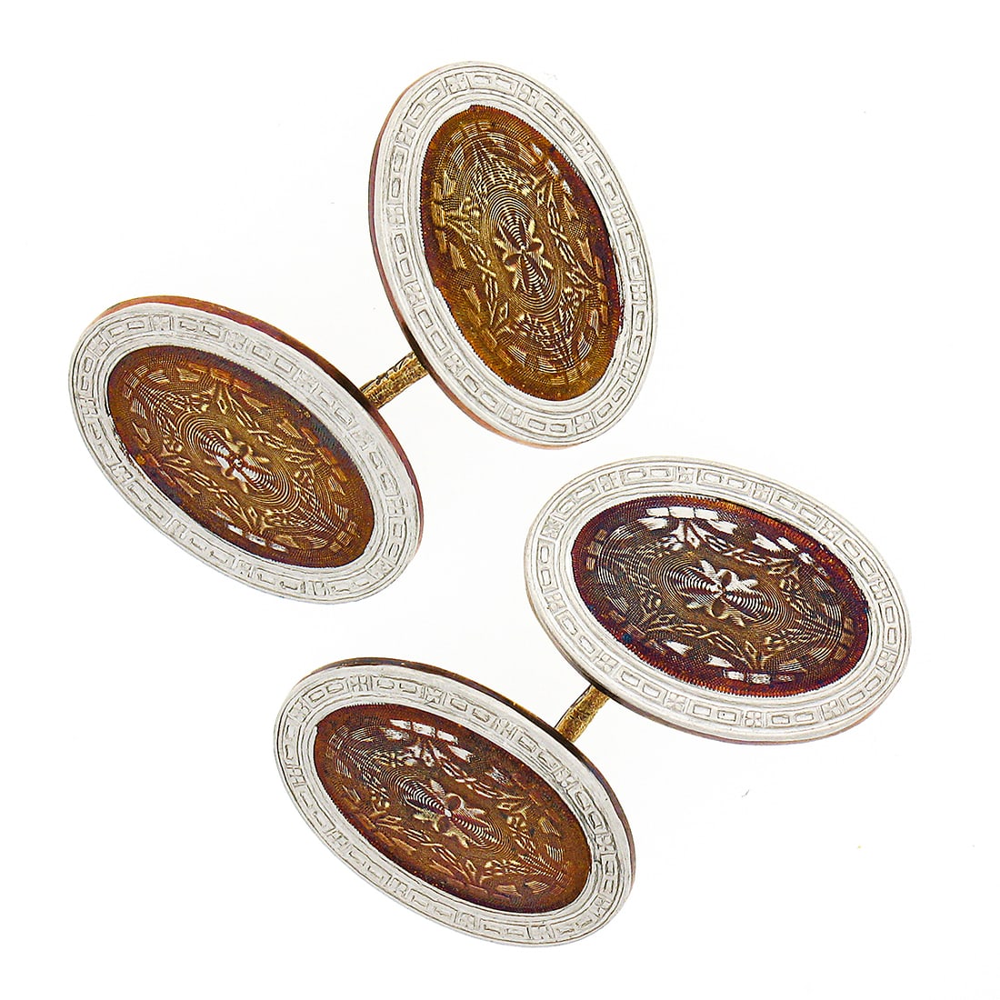 Antique 14k Two Tone Gold Guilloche Oval Cufflinks Art Nouveau Era: Antique 14k Two Tone Gold Guilloche Oval Cufflinks Art Nouveau Era These exquisite cufflinks feature a unique antique design, crafted from solid 14k yellow gold with stunning white gold frames. The cu