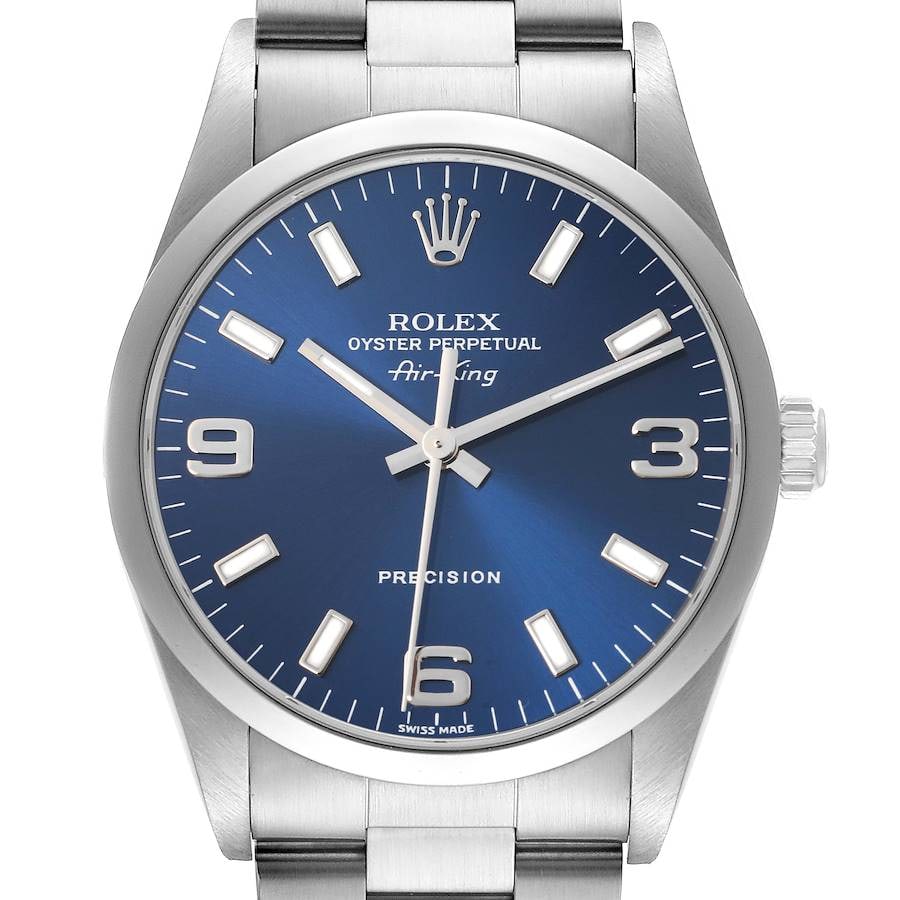 Blue Dial Air-King Reference 14000 with Oyster Bracelet: Blue Dial Air-King Reference 14000 with Oyster Bracelet This Rolex Air-King features a blue dial and a smooth bezel, complemented by an Oyster bracelet. Designed as a unisex timepiece, it is part of t
