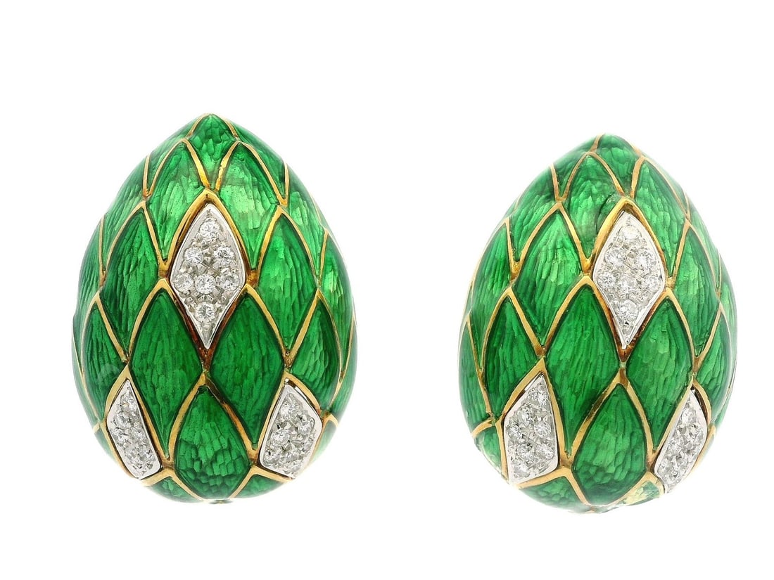 Omega Vintage 18k Gold Diamond Egg Shape Earrings Green Enamel 1ctw: Omega Vintage 18k Gold Diamond Egg Shape Earrings Green Enamel 1ctw Elevate your accessory collection with these stunning vintage earrings, crafted from solid 18k yellow gold and adorned with exquisit