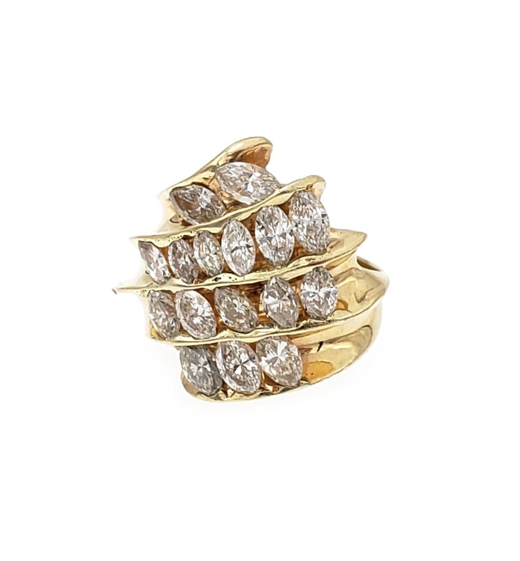 14k Yellow Gold Marquee Diamond Ring 4 Carats Wide Band: 14k Yellow Gold Marquee Diamond Ring 4 Carats Wide Band This stunning marquee diamond ring is elegantly crafted from 14k yellow gold. The ring features a wide flat top adorned with four strips of marq