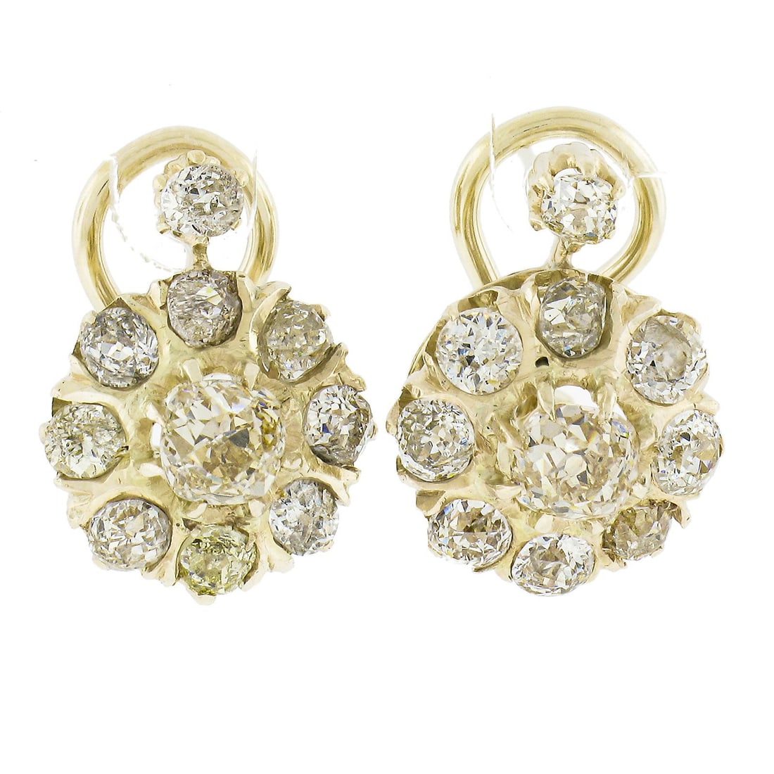 Antique Victorian 14k Gold 3.5ctw Old Mine Diamond Dangle Earrings: Antique Victorian 14k Gold 3.5ctw Old Mine Diamond Dangle Earrings These exquisite Antique Victorian 14k Gold Drop Dangle Earrings feature a stunning cluster of Old Mine Cut Diamonds. Crafted from sol