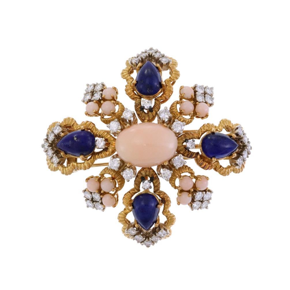 Vintage 4ct Diamond Lapis Coral 18k Gold Floral Brooch: Vintage 4ct Diamond Lapis Coral 18k Gold Floral Brooch This stunning vintage brooch is a true statement piece, intricately crafted from 18k yellow gold with white gold accents. The design features a c