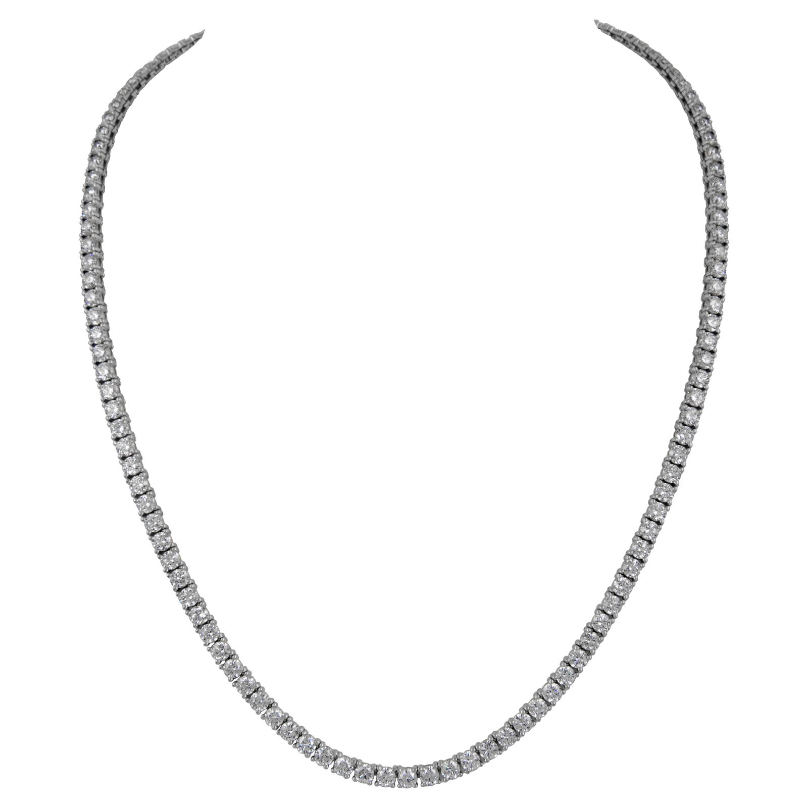 23.02ct Diamond Tennis Necklace 18k White Gold 20.25in: 23.02ct Diamond Tennis Necklace 18k White Gold 20.25in This exquisite diamond tennis necklace features a stunning arrangement of 125 round brilliant diamonds, totaling 23.02 carats. Crafted in 18k whi